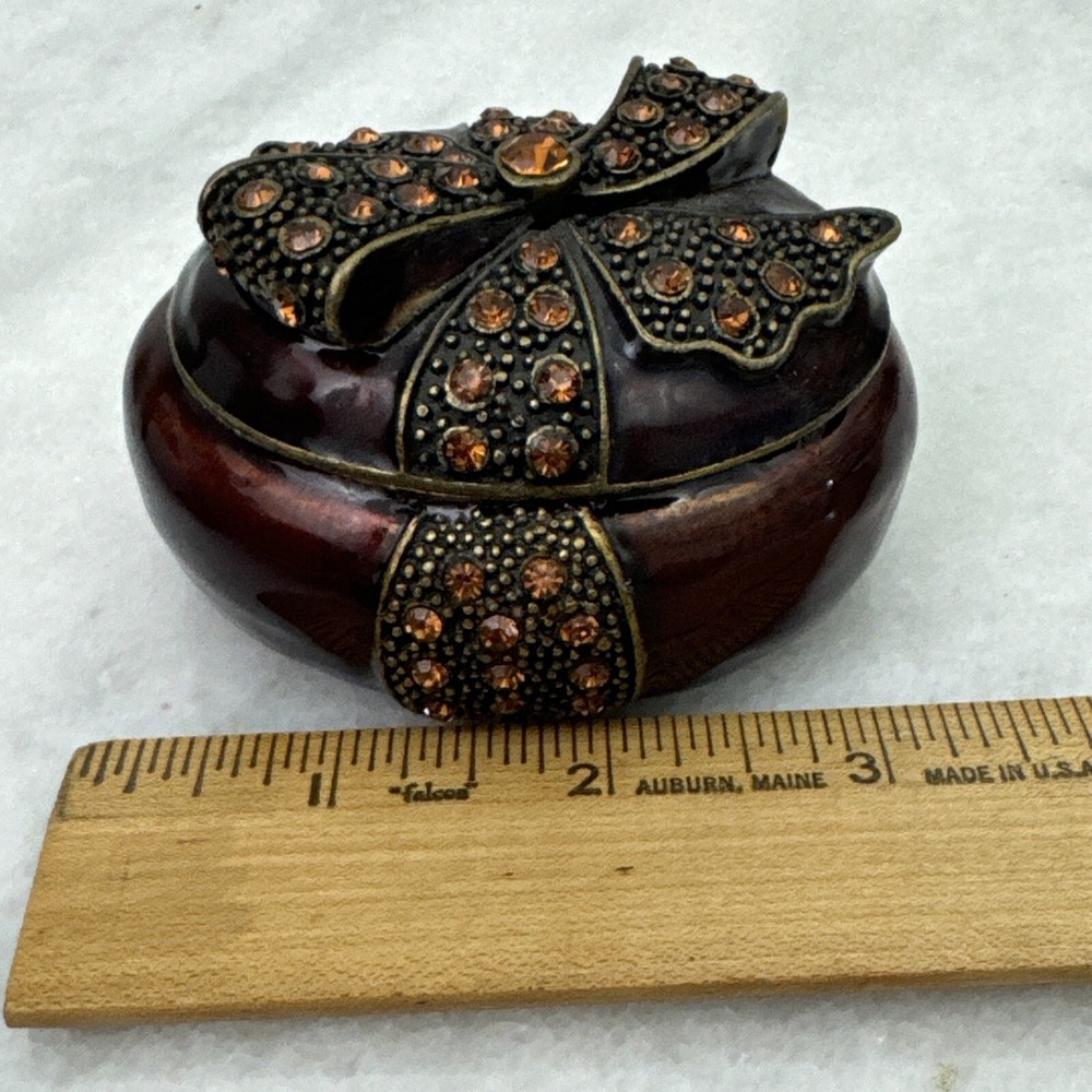 Brown Enamel / Amber Jeweled Bow on Top Trinket Box with Magnetic Closure - Picture 7 of 8